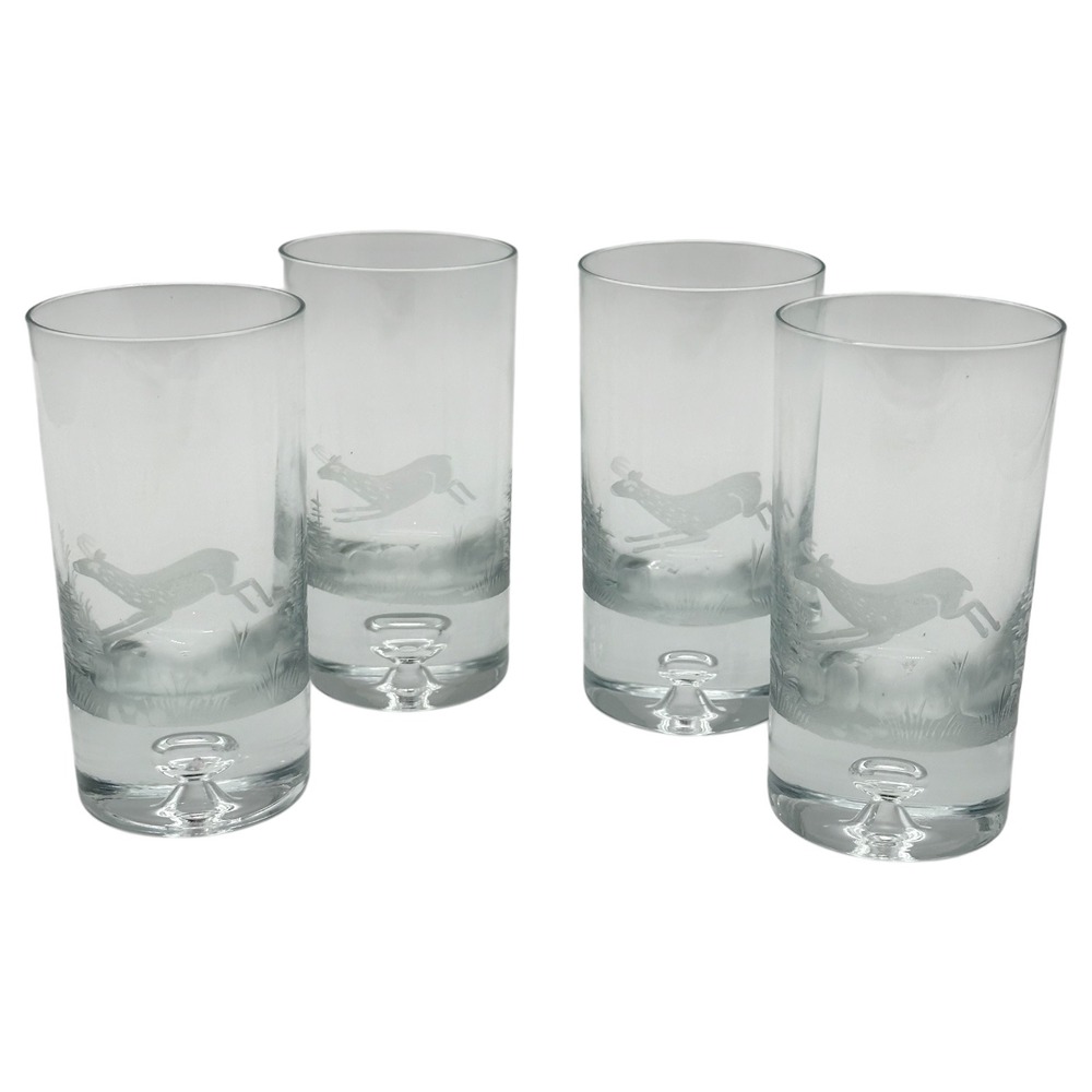 Vintage Etched Deer Forest Highball Glasses Bubble Base Barware Set of 4